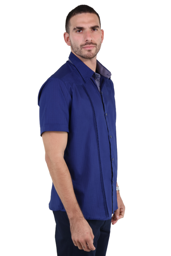 Guayabera Azul Marino De Algodón Manga Corta Con Alforzas Para Hombre